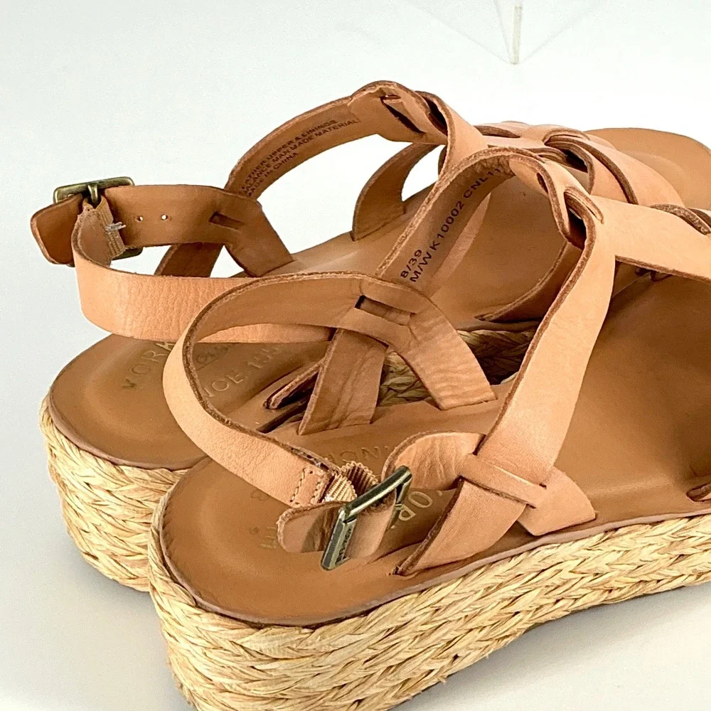 Kork-Ease Size 8 Tan Leather Espadrille Platform Wedge Sandals Ande‎